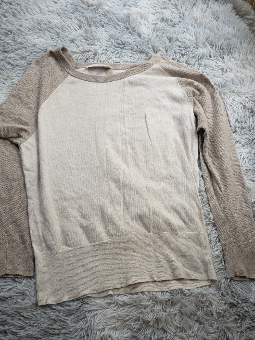 LOFT Cream Body with Tan Raglan Sleeve Lightweight Sweater